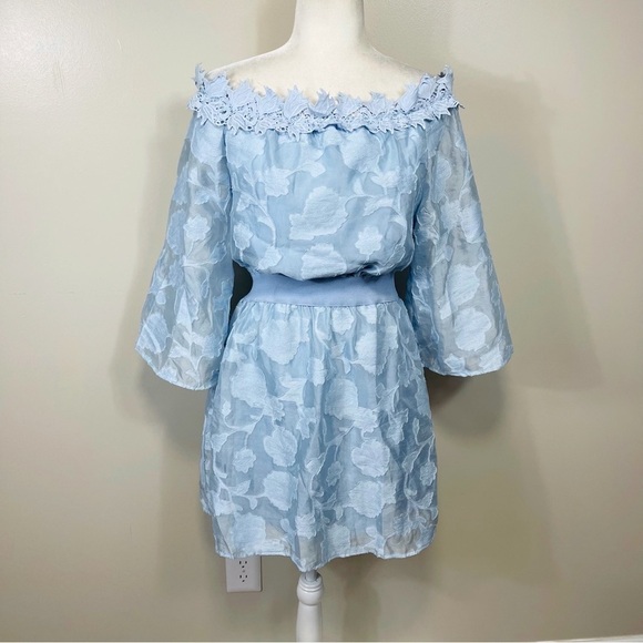 INA [i:na] Blue Floral Embossed Off the Shoulder Elastic Waist Dress - SMALL - Picture 1 of 11